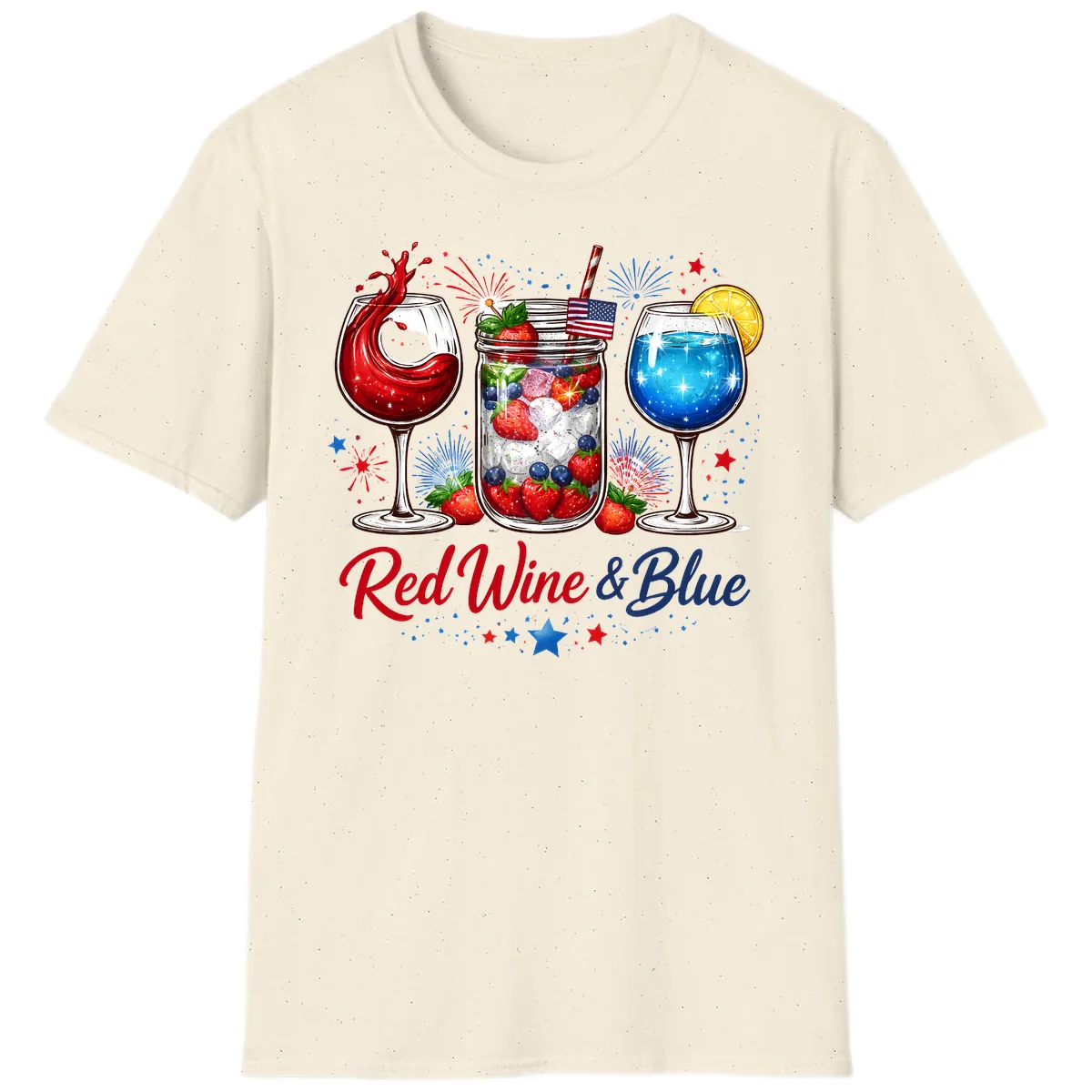 Red Wine & Blue Patriotic Summer Celebration T-Shirt in Natural