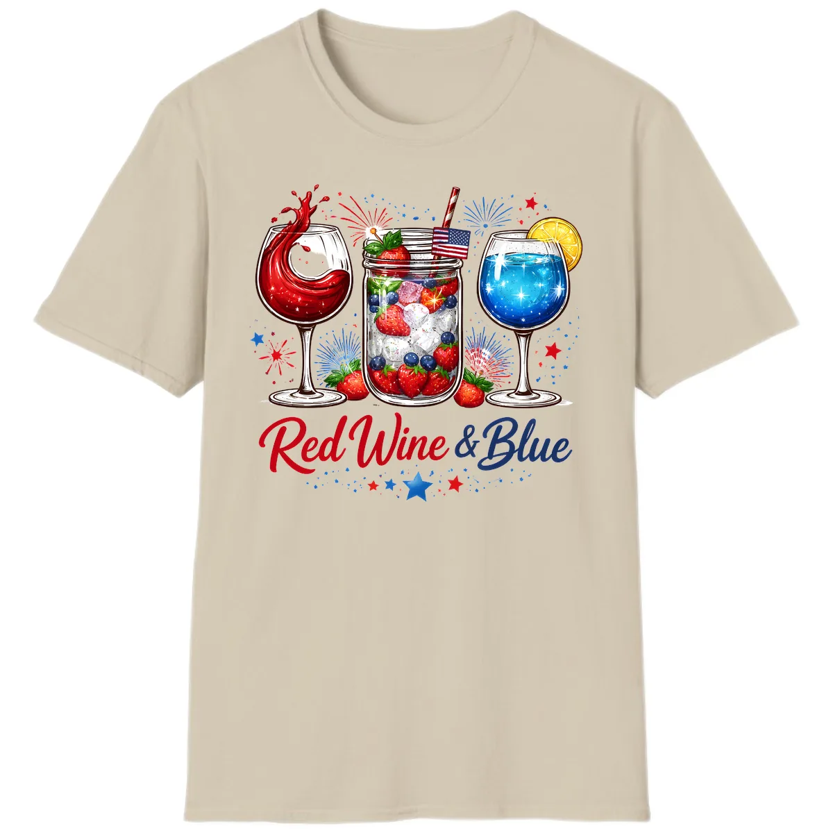 Red Wine & Blue Patriotic Summer Celebration T-Shirt in Sand