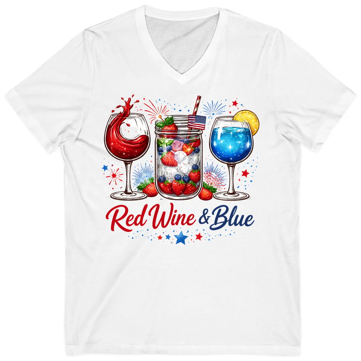 Red Wine & Blue Patriotic Summer Celebration V-Neck in White