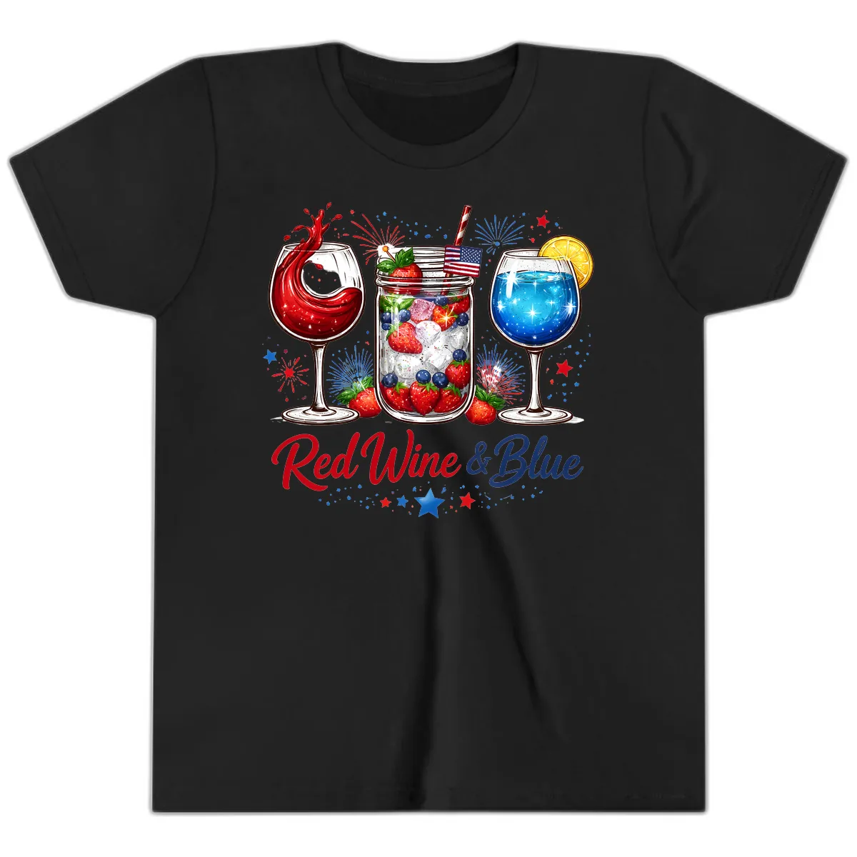 Red Wine & Blue Patriotic Summer Celebration Youth T-Shirt in Black
