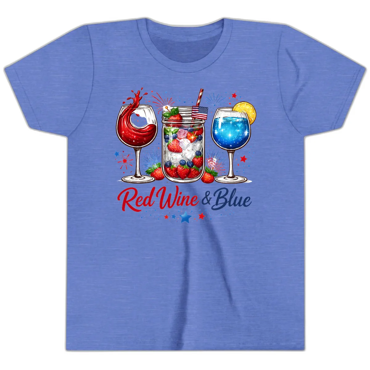 Red Wine & Blue Patriotic Summer Celebration Youth T-Shirt in Heather Columbia Blue