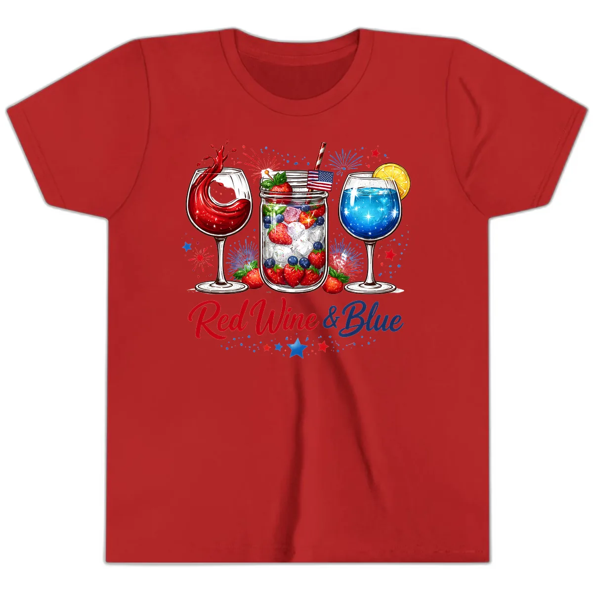 Red Wine & Blue Patriotic Summer Celebration Youth T-Shirt in Red