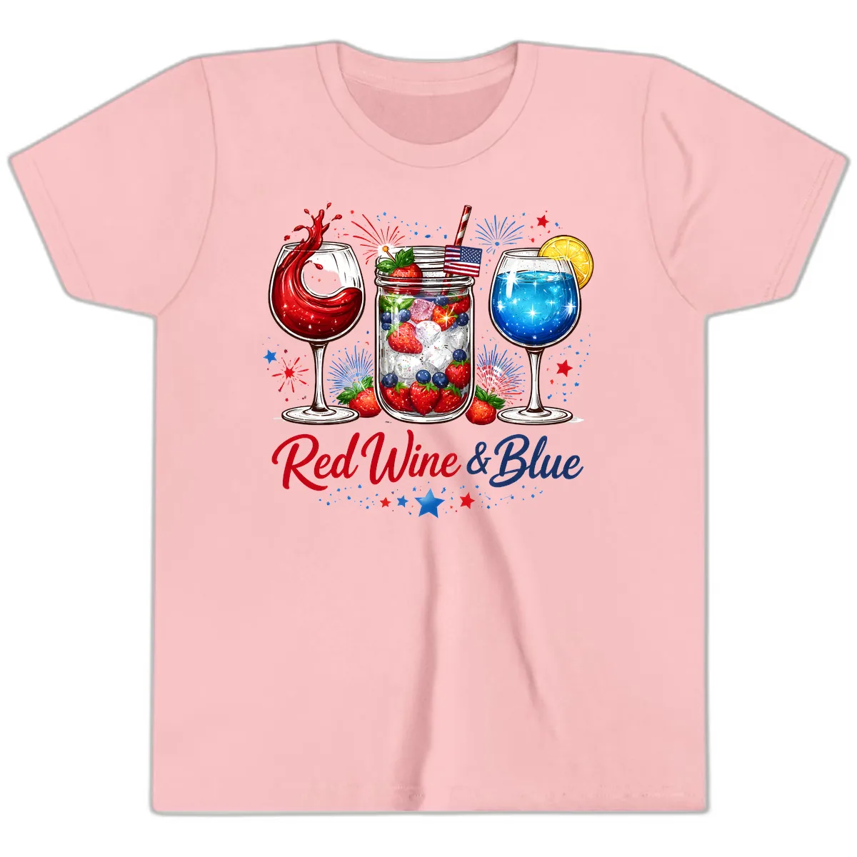Red Wine & Blue Patriotic Summer Celebration Youth T-Shirt in Pink
