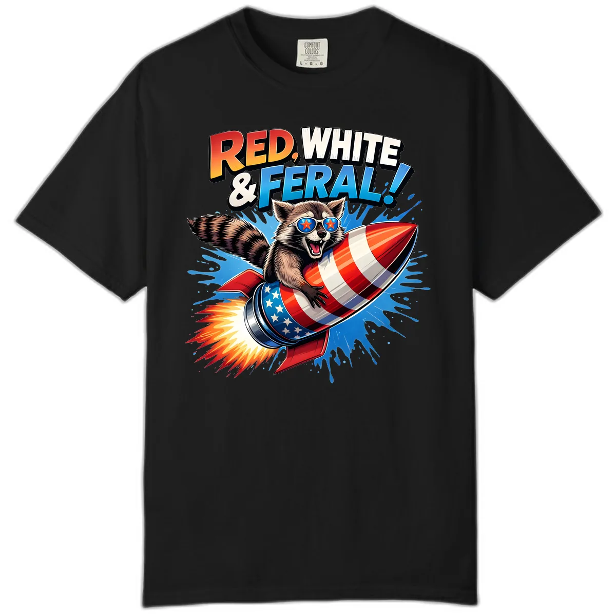 Red, White & Feral Rocket Raccoon Comfort Color in Black