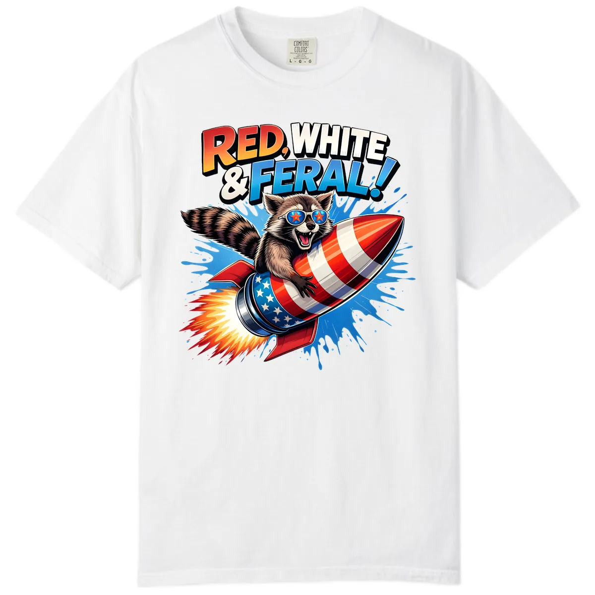 Red, White & Feral Rocket Raccoon Comfort Color in White