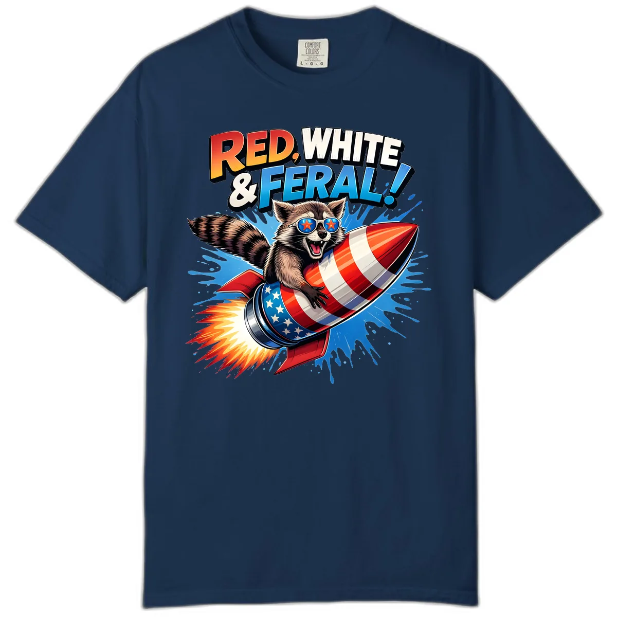 Red, White & Feral Rocket Raccoon Comfort Color in Navy