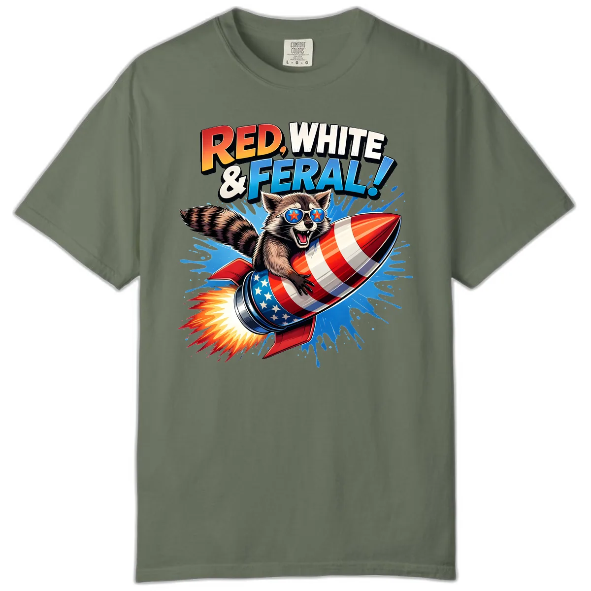 Red, White & Feral Rocket Raccoon Comfort Color in Moss