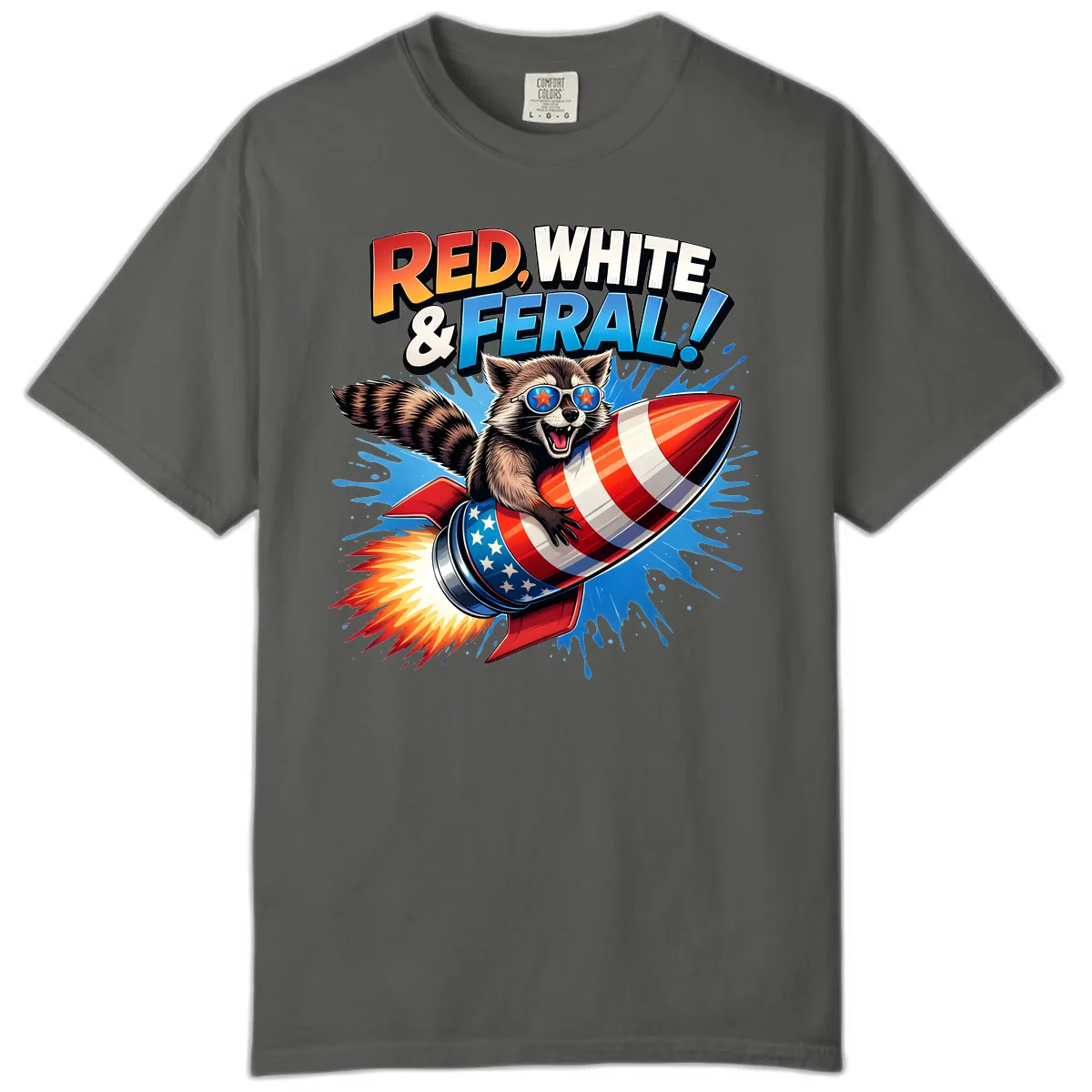 Red, White & Feral Rocket Raccoon Comfort Color in Pepper