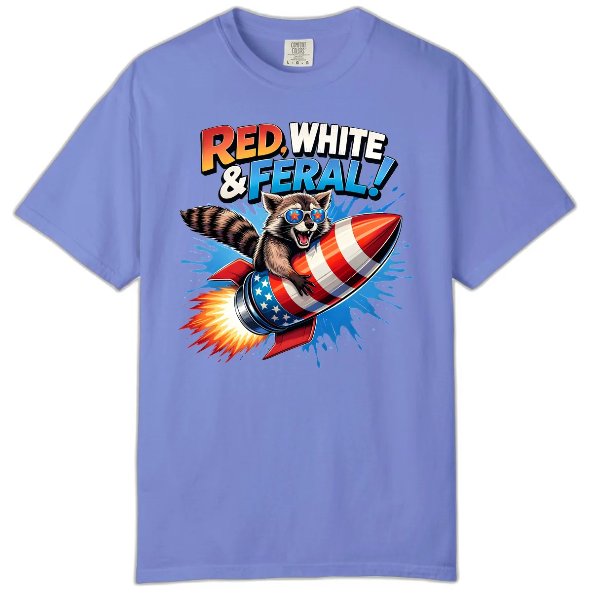 Red, White & Feral Rocket Raccoon Comfort Color in Flo Blue