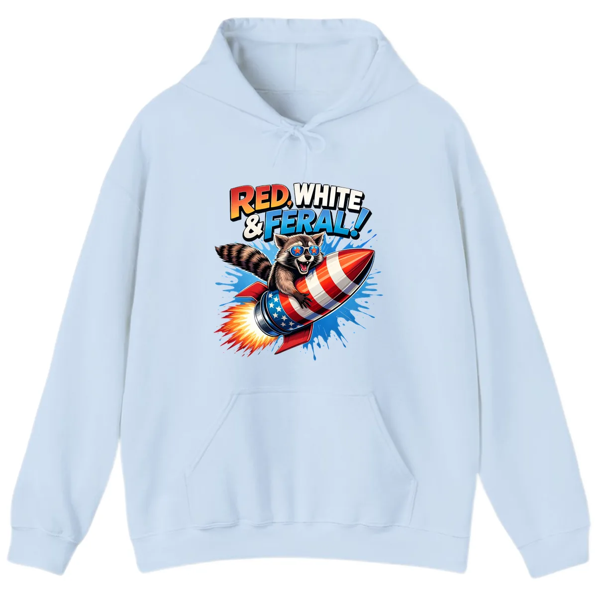 Red, White & Feral Rocket Raccoon Hoodie in Light Blue