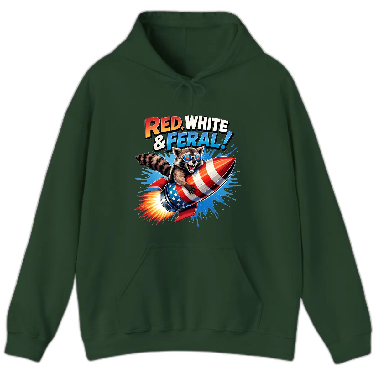 Red, White & Feral Rocket Raccoon Hoodie in Forest Green