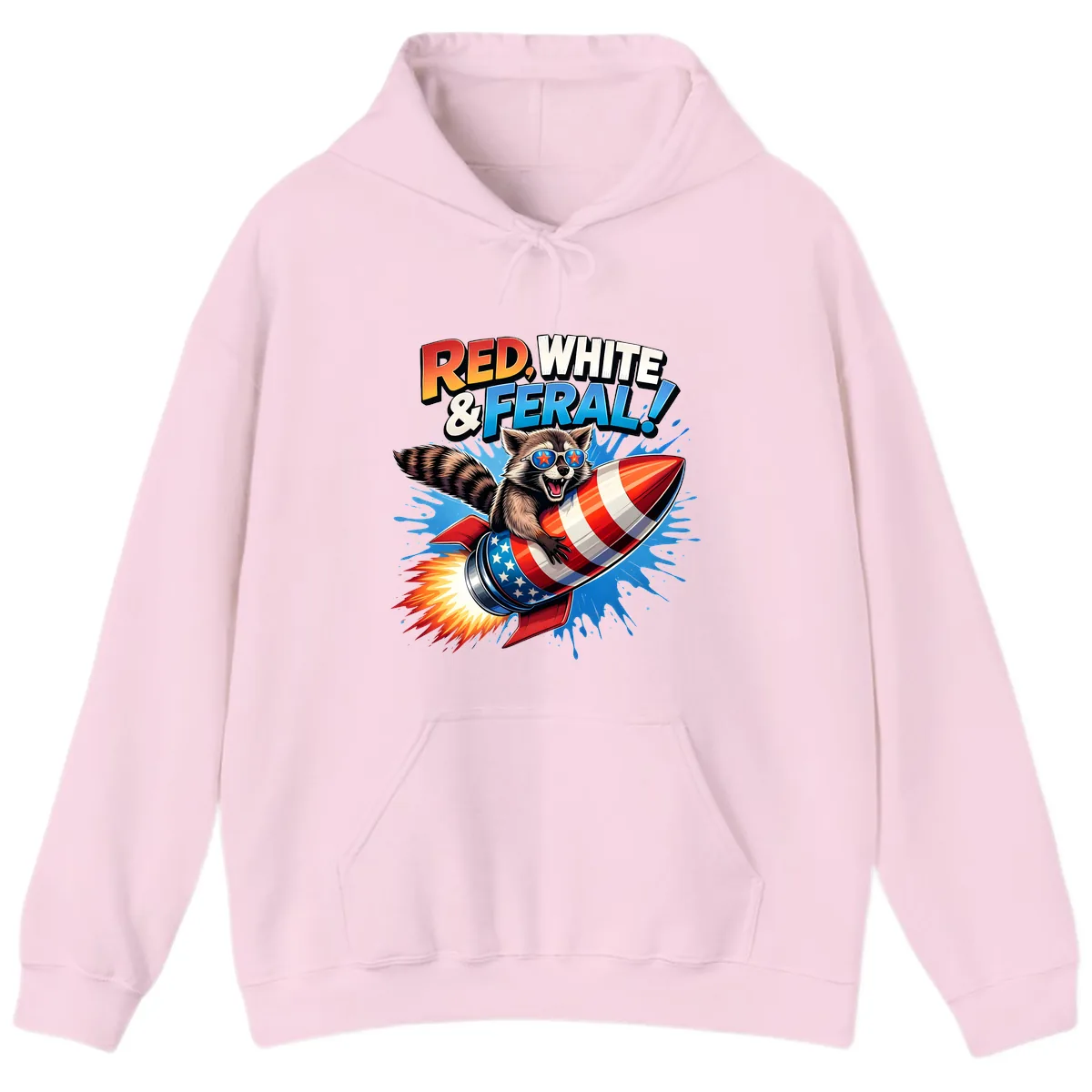 Red, White & Feral Rocket Raccoon Hoodie in Light Pink