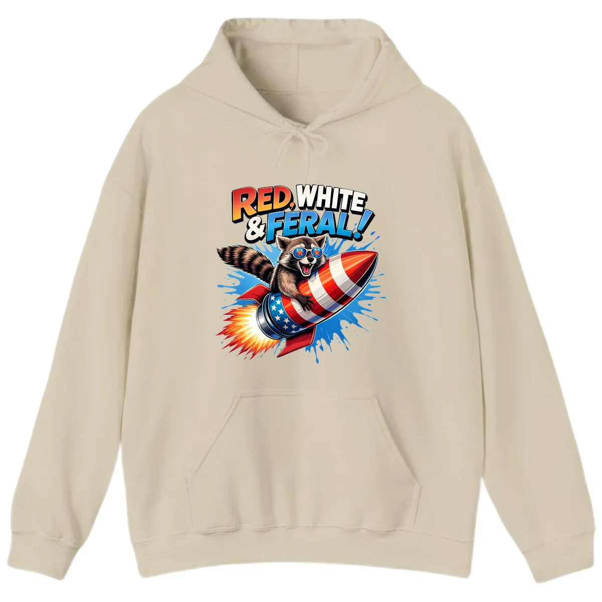 Red, White & Feral Rocket Raccoon Hoodie in Sand