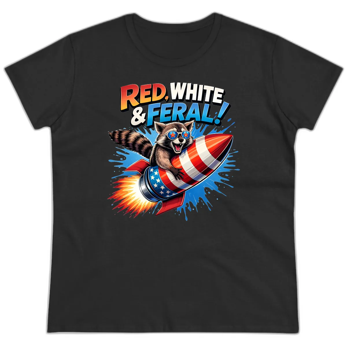 Red, White & Feral Rocket Raccoon Ladies Tee in Black