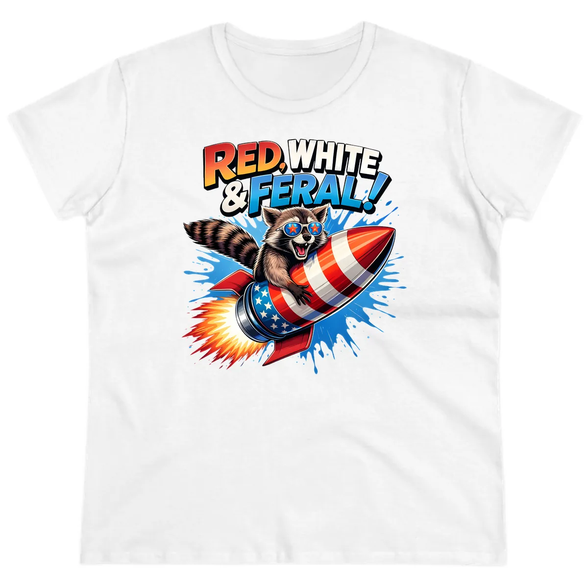 Red, White & Feral Rocket Raccoon Ladies Tee in White