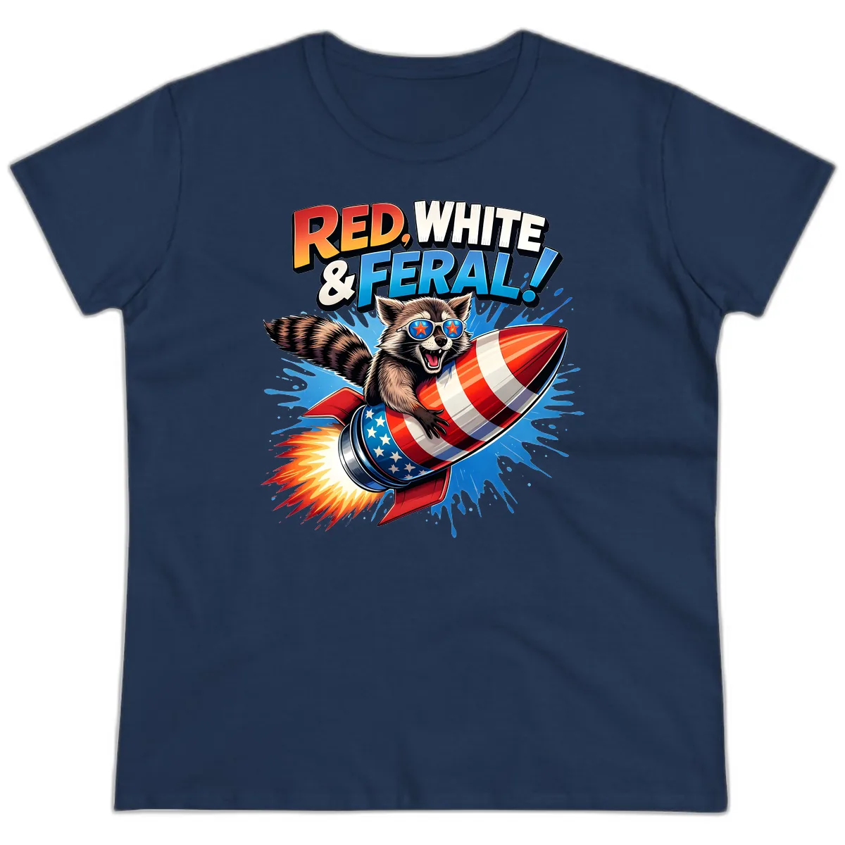 Red, White & Feral Rocket Raccoon Ladies Tee in Navy