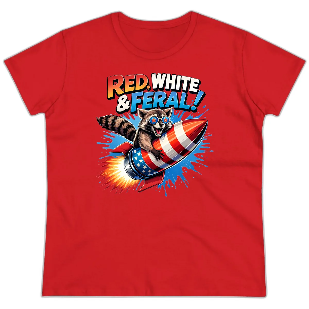 Red, White & Feral Rocket Raccoon Ladies Tee in Red