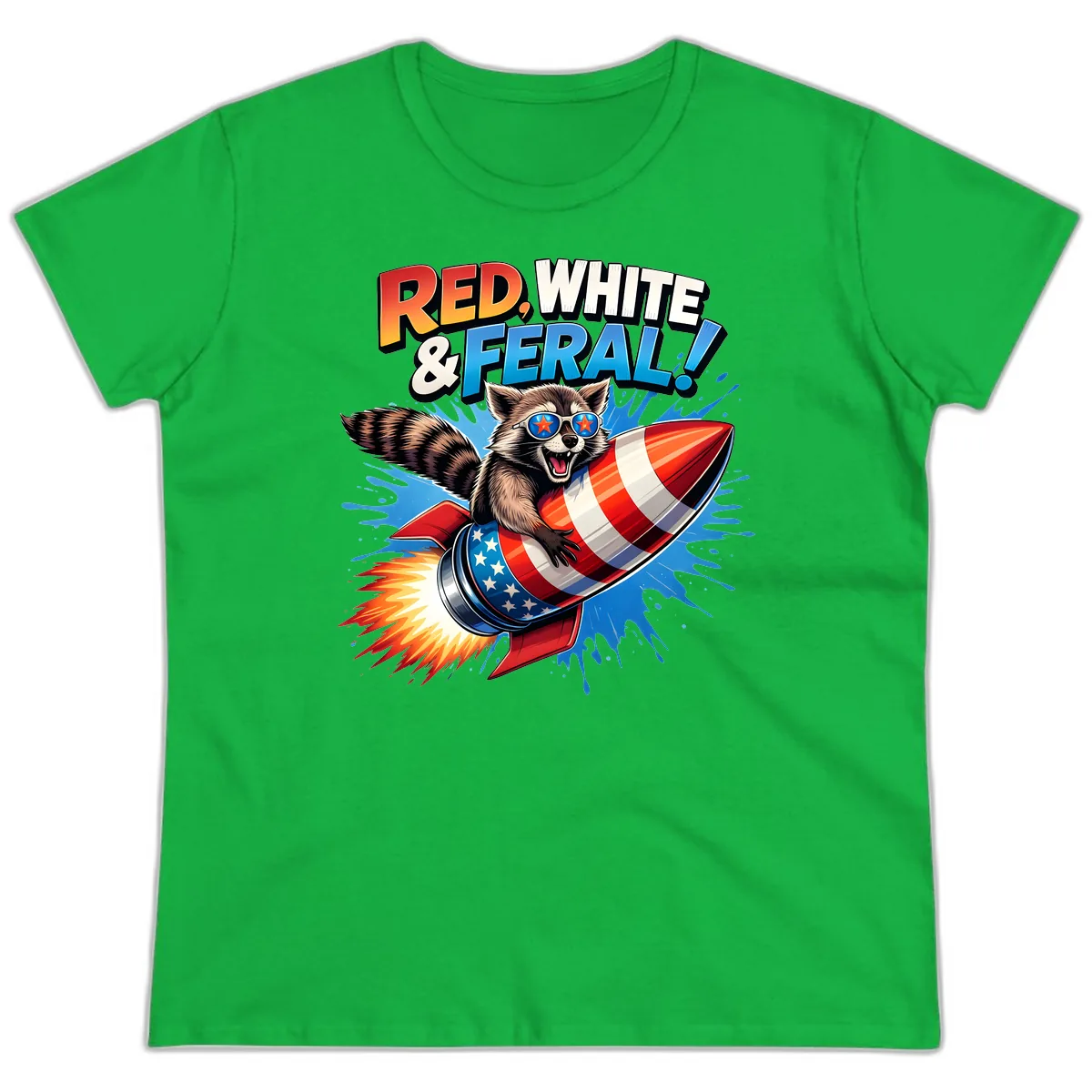 Red, White & Feral Rocket Raccoon Ladies Tee in Irish Green