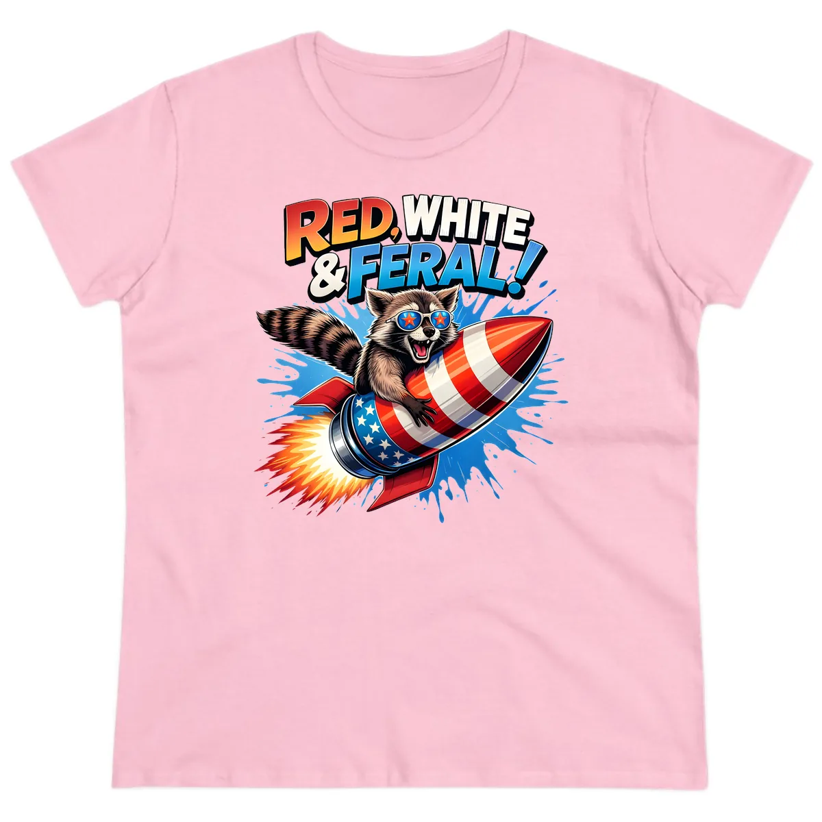 Red, White & Feral Rocket Raccoon Ladies Tee in Light Pink
