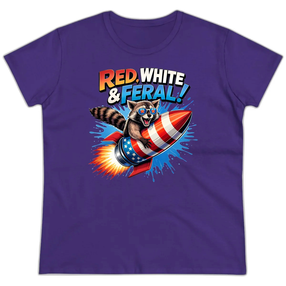 Red, White & Feral Rocket Raccoon Ladies Tee in Purple