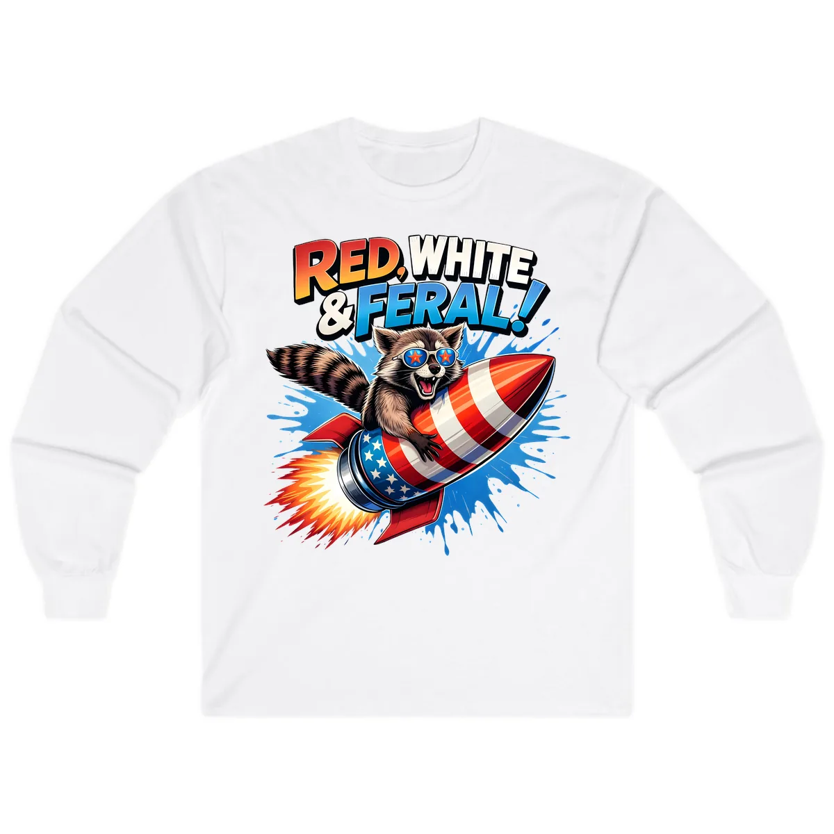 Red, White & Feral Rocket Raccoon Long Sleeve in White
