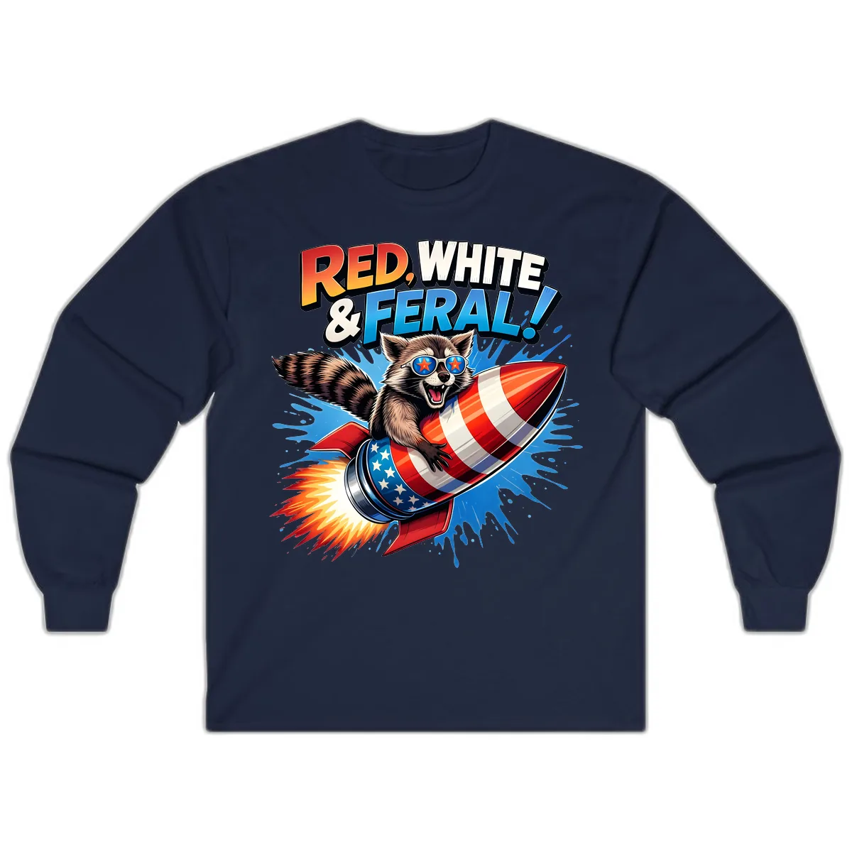 Red, White & Feral Rocket Raccoon Long Sleeve in Navy