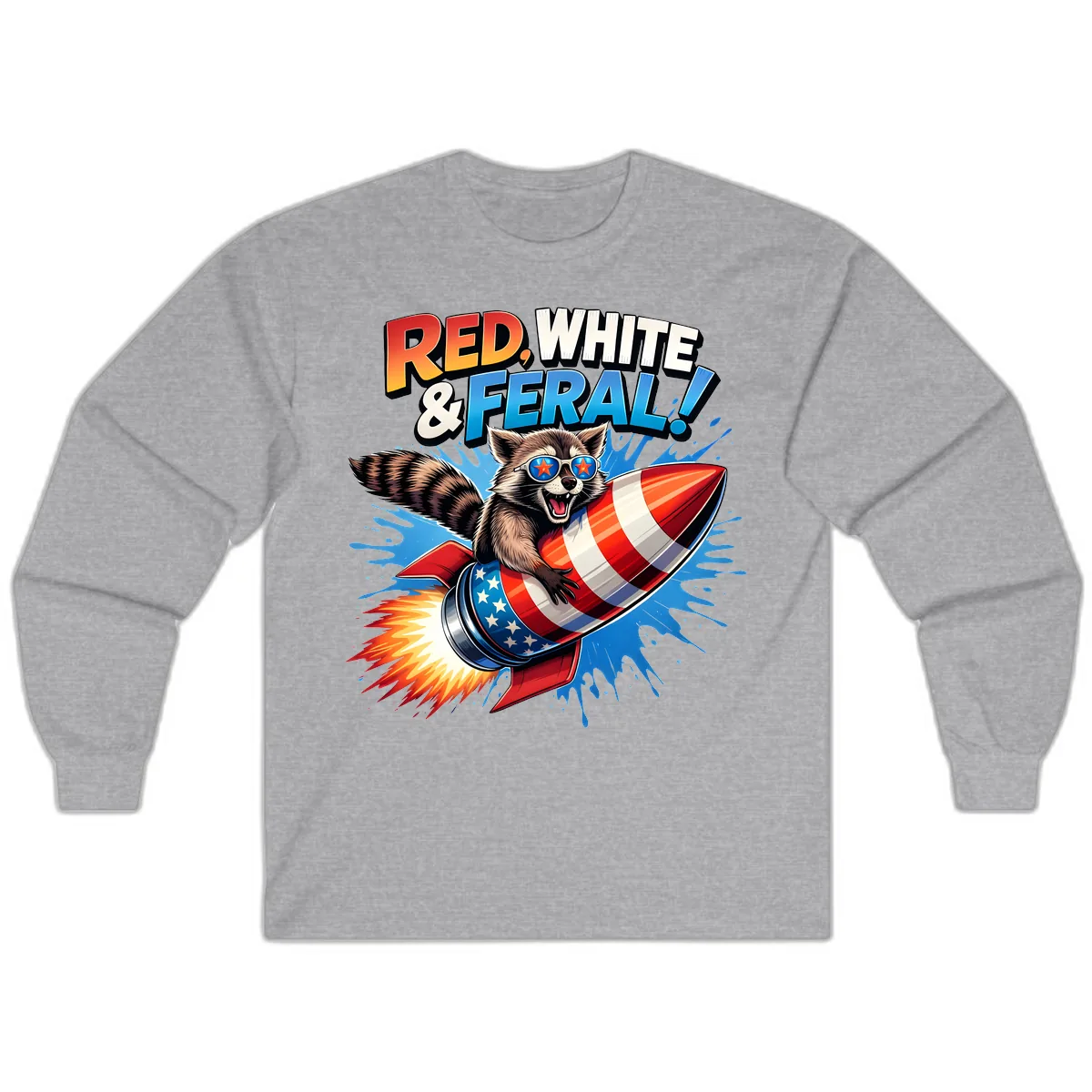 Red, White & Feral Rocket Raccoon Long Sleeve in Sport Grey