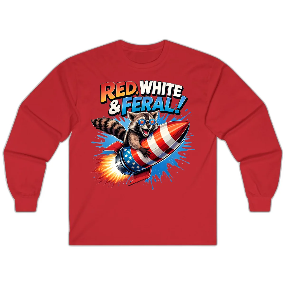Red, White & Feral Rocket Raccoon Long Sleeve in Red