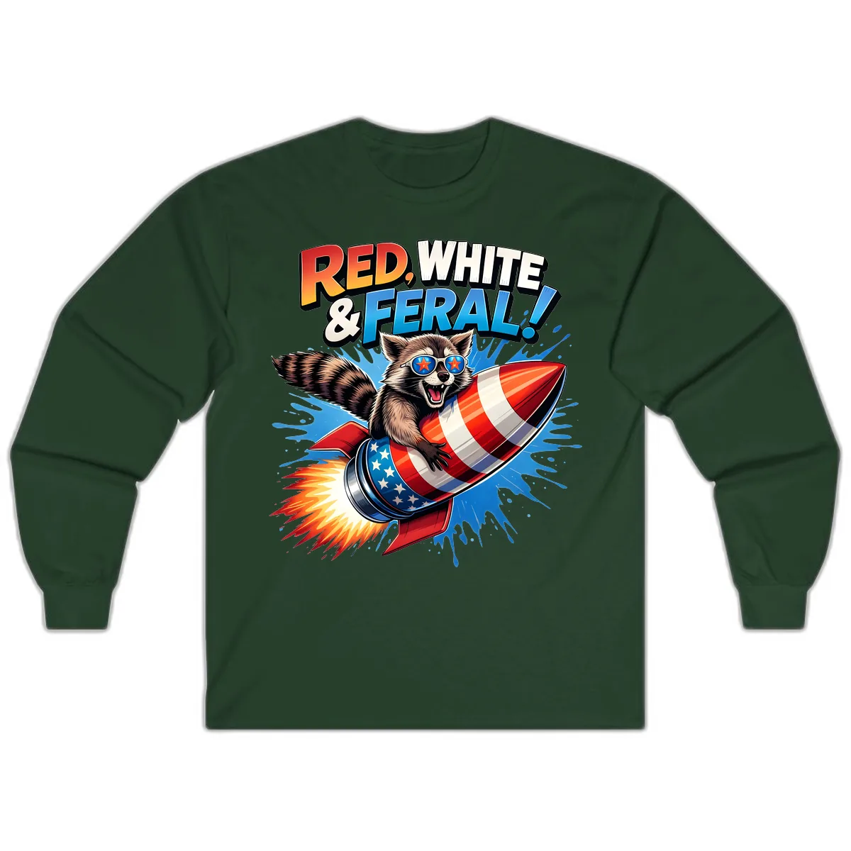 Red, White & Feral Rocket Raccoon Long Sleeve in Forest Green