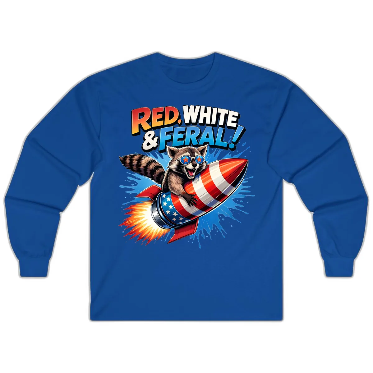 Red, White & Feral Rocket Raccoon Long Sleeve in Royal