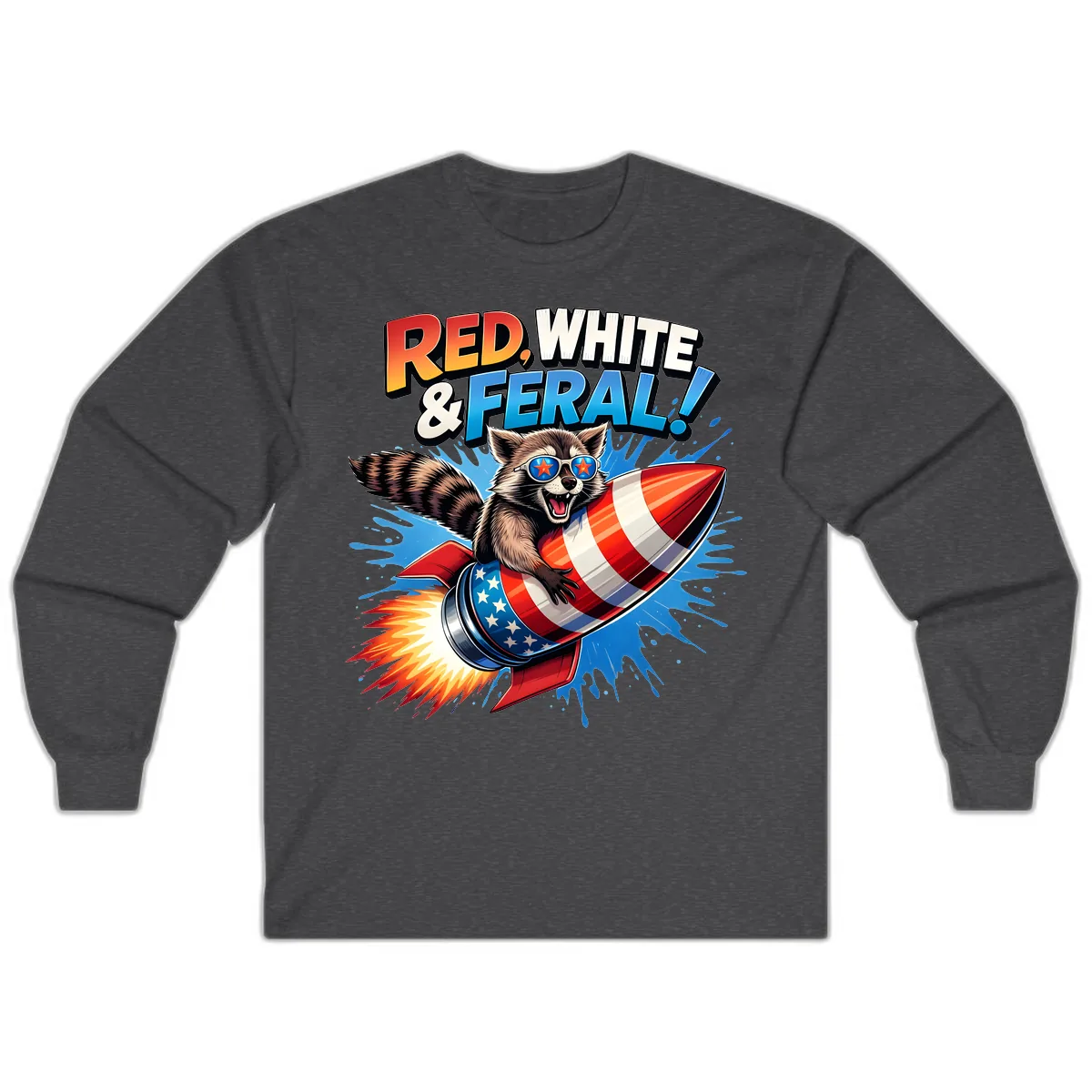 Red, White & Feral Rocket Raccoon Long Sleeve in Dark Heather