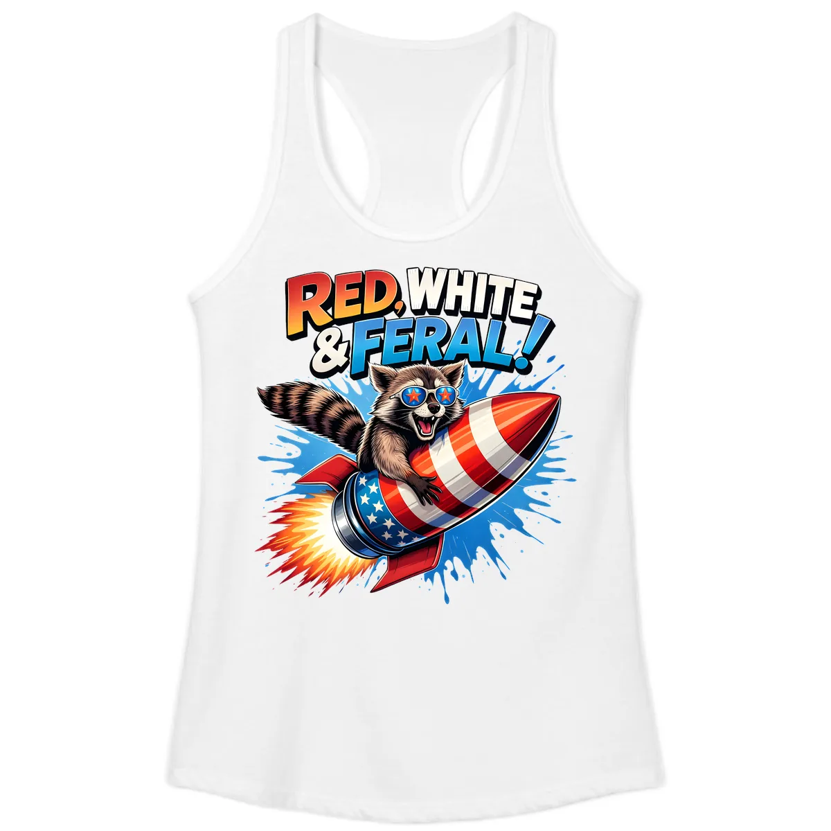 Red, White & Feral Rocket Raccoon Ladies Tank in White