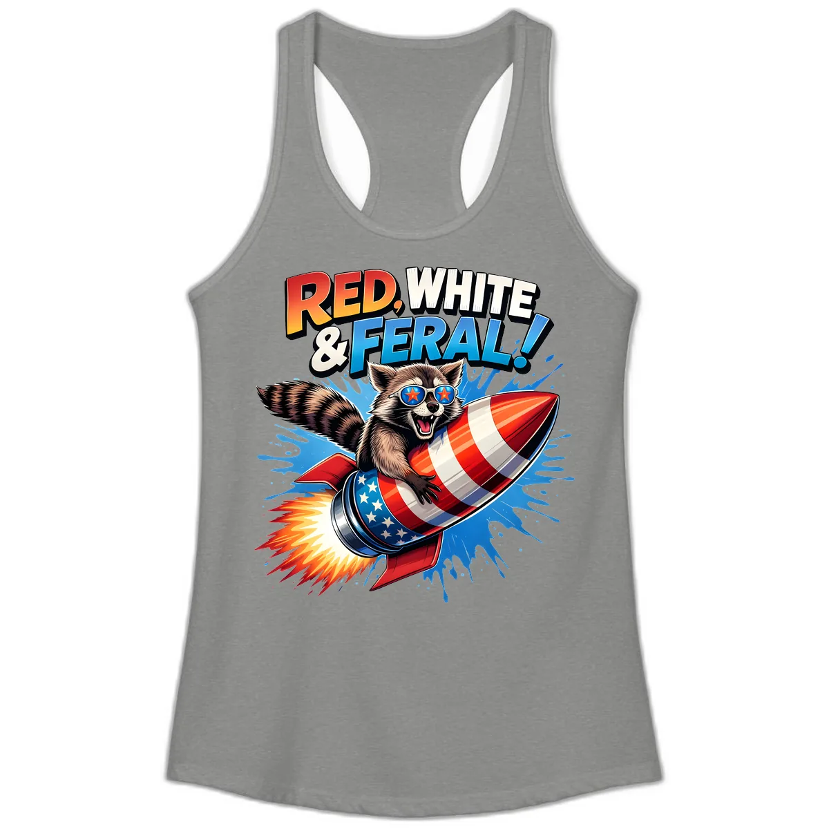 Red, White & Feral Rocket Raccoon Ladies Tank in Heather Grey