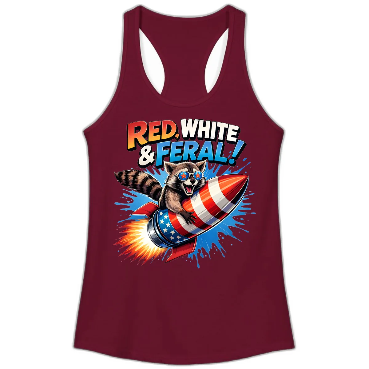 Red, White & Feral Rocket Raccoon Ladies Tank in Solid Cardinal Red