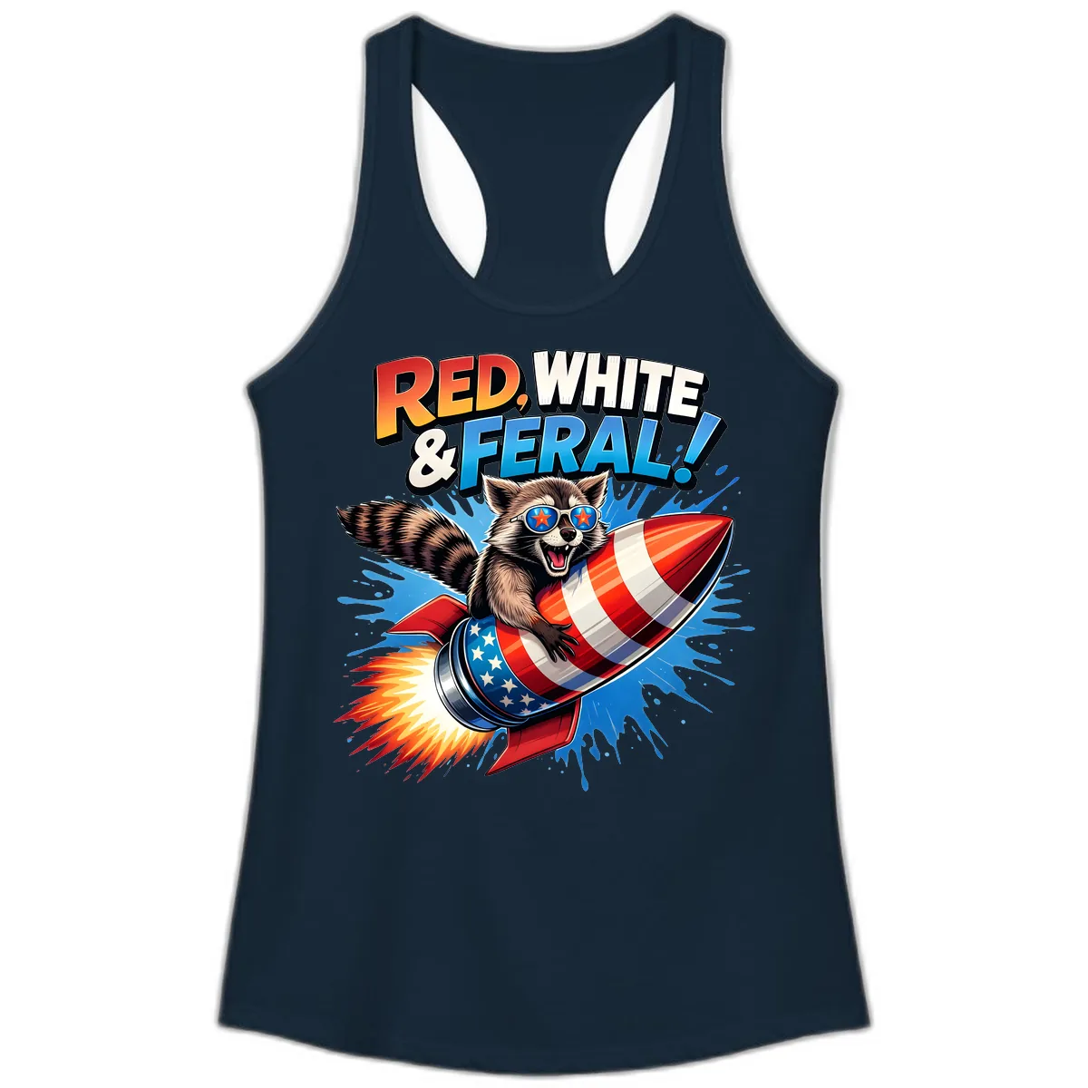 Red, White & Feral Rocket Raccoon Ladies Tank in Solid Midnight Navy