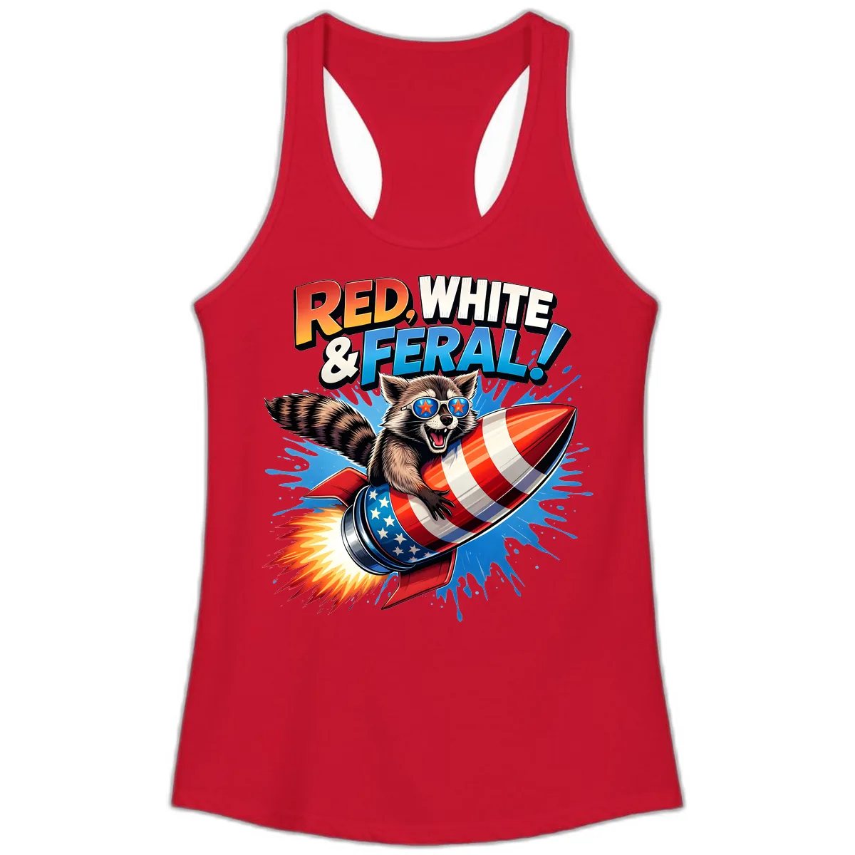 Red, White & Feral Rocket Raccoon Ladies Tank in Solid Red