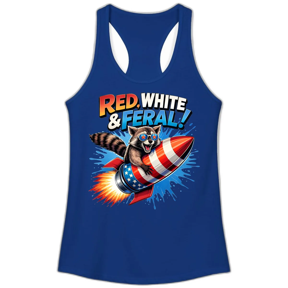 Red, White & Feral Rocket Raccoon Ladies Tank in Solid Royal