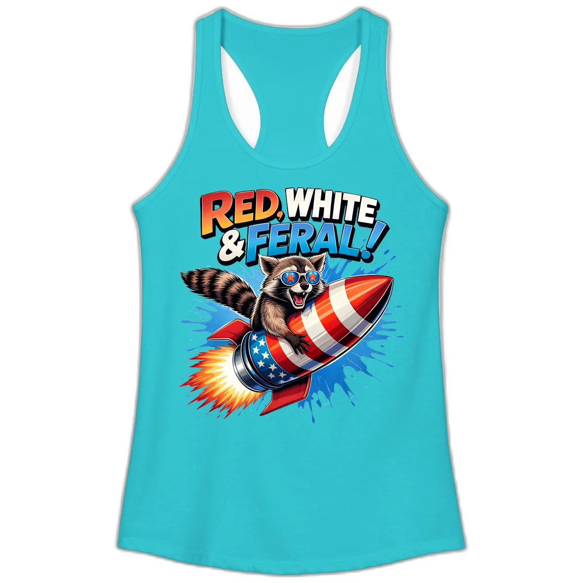 Red, White & Feral Rocket Raccoon Ladies Tank in Solid Tahiti Blue