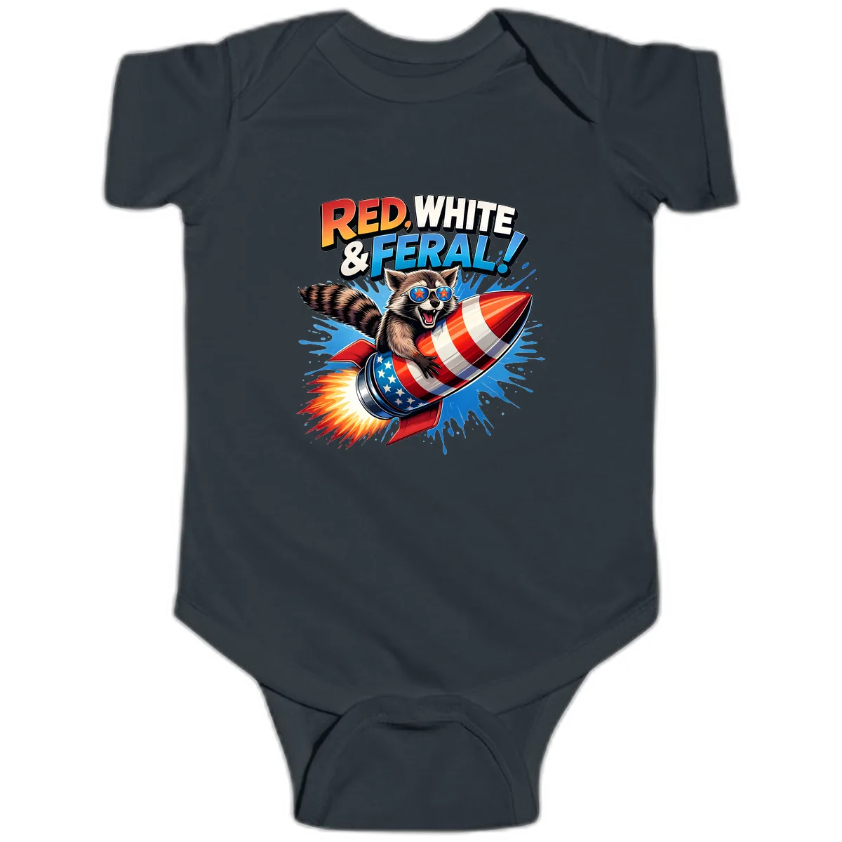 Red, White & Feral Rocket Raccoon Baby Onesie in Black