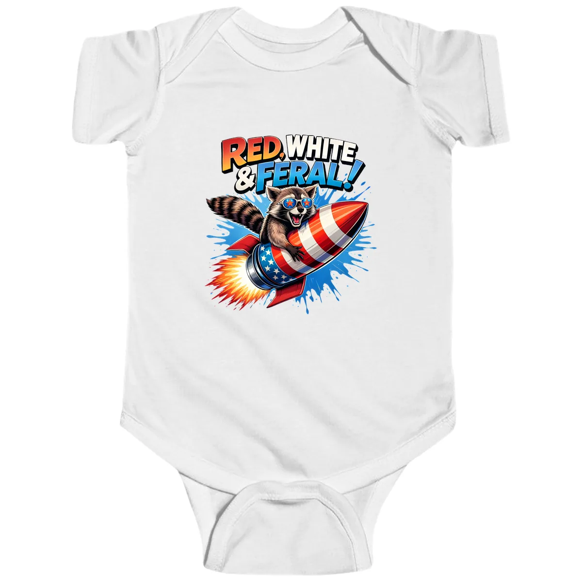 Red, White & Feral Rocket Raccoon Baby Onesie in White