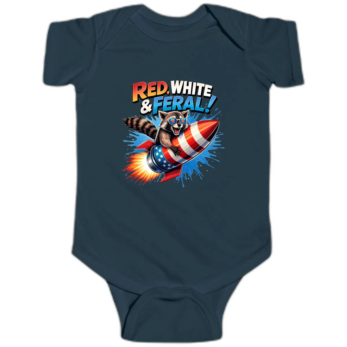 Red, White & Feral Rocket Raccoon Baby Onesie in Navy