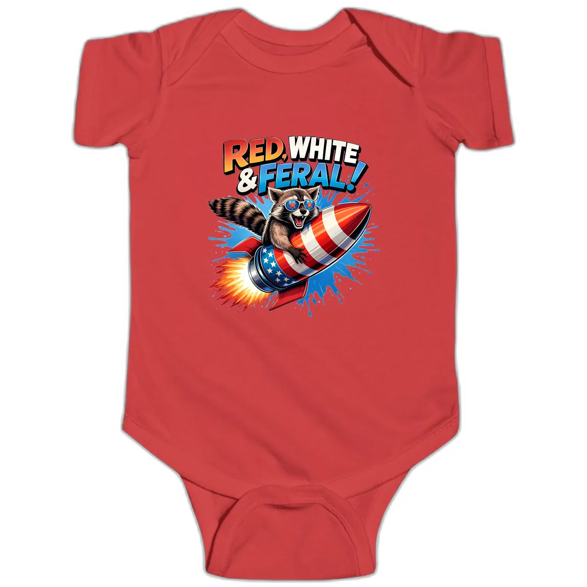 Red, White & Feral Rocket Raccoon Baby Onesie in Red