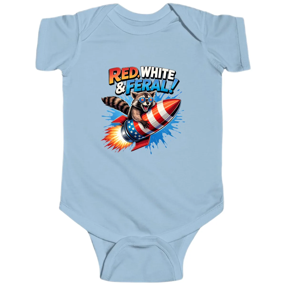 Red, White & Feral Rocket Raccoon Baby Onesie in Light Blue