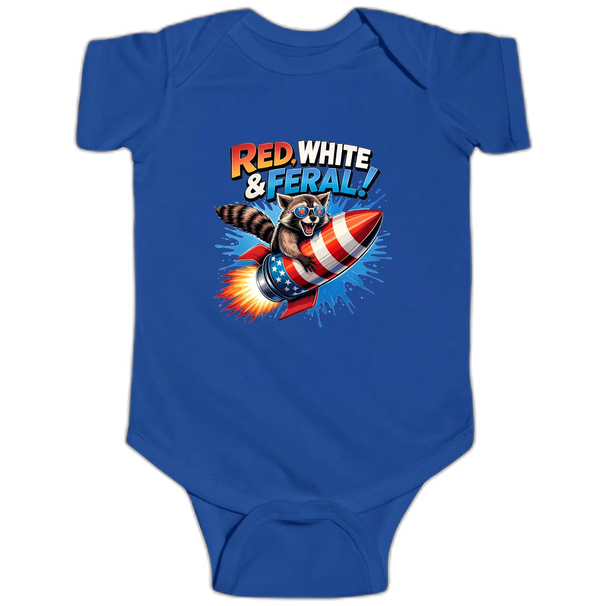 Red, White & Feral Rocket Raccoon Baby Onesie in Royal