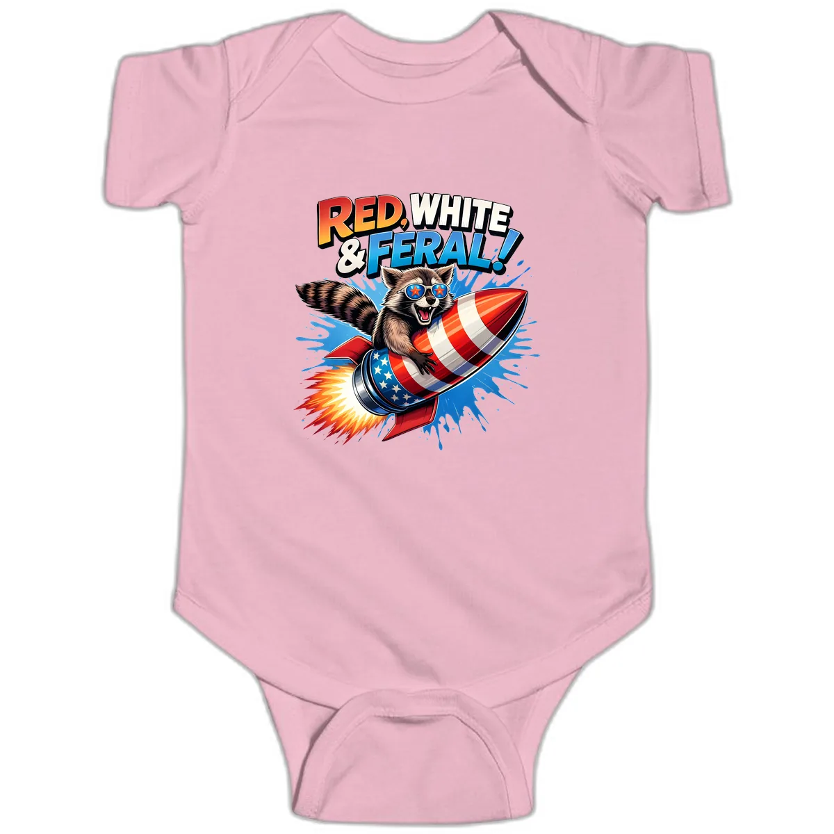 Red, White & Feral Rocket Raccoon Baby Onesie in Pink