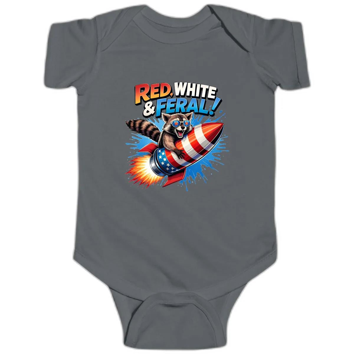 Red, White & Feral Rocket Raccoon Baby Onesie in Charcoal