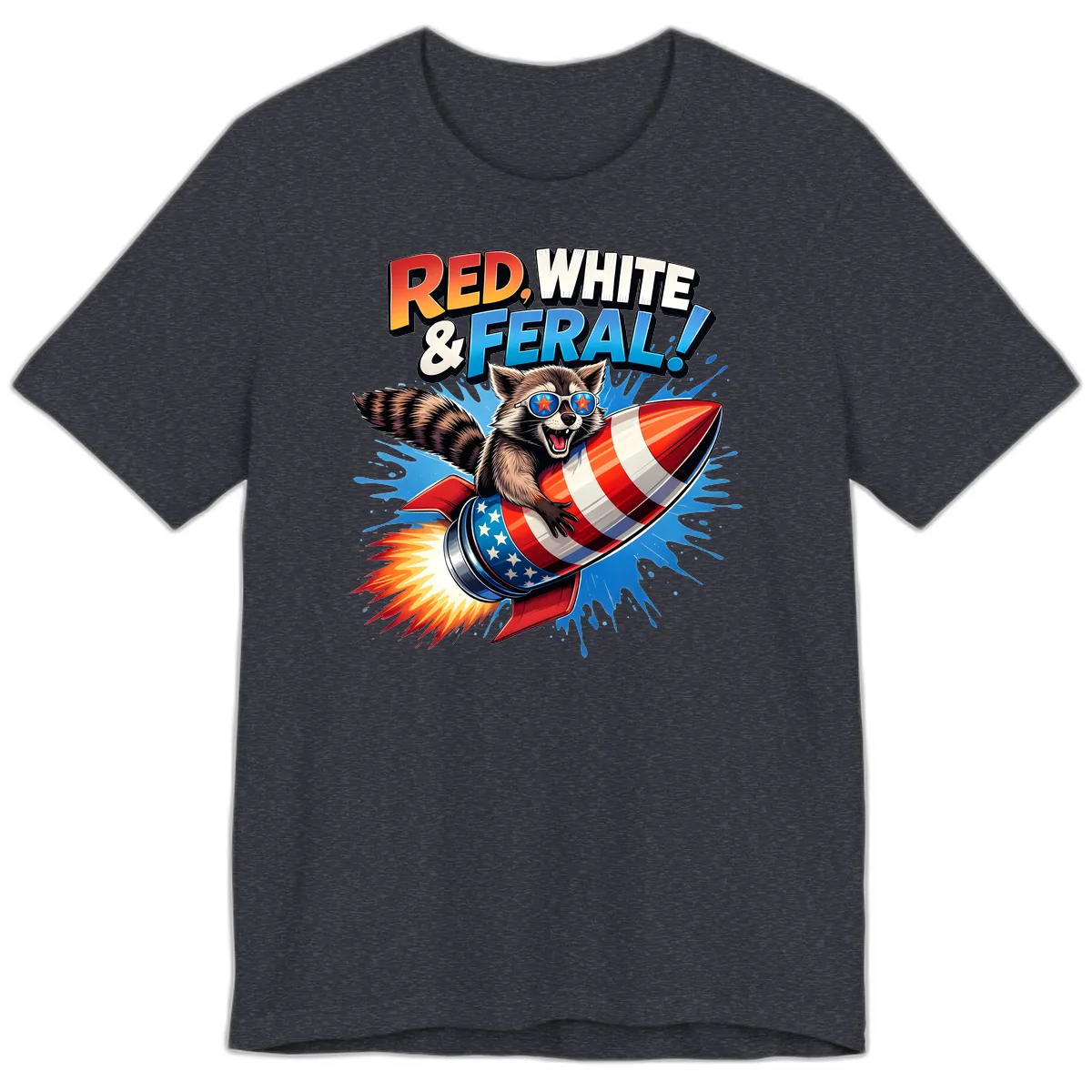 Red, White & Feral Rocket Raccoon Premium T-Shirt in Heather Navy