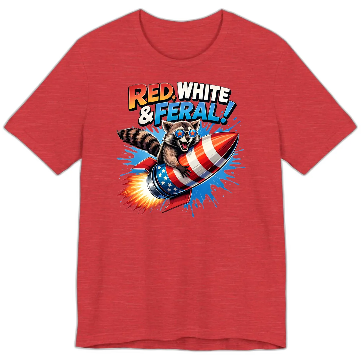 Red, White & Feral Rocket Raccoon Premium T-Shirt in Heather Red