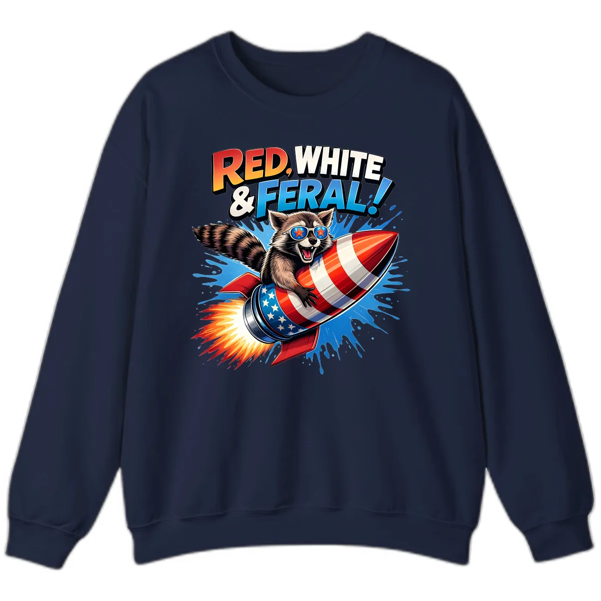 Red, White & Feral Rocket Raccoon Sweatshirt in Navy