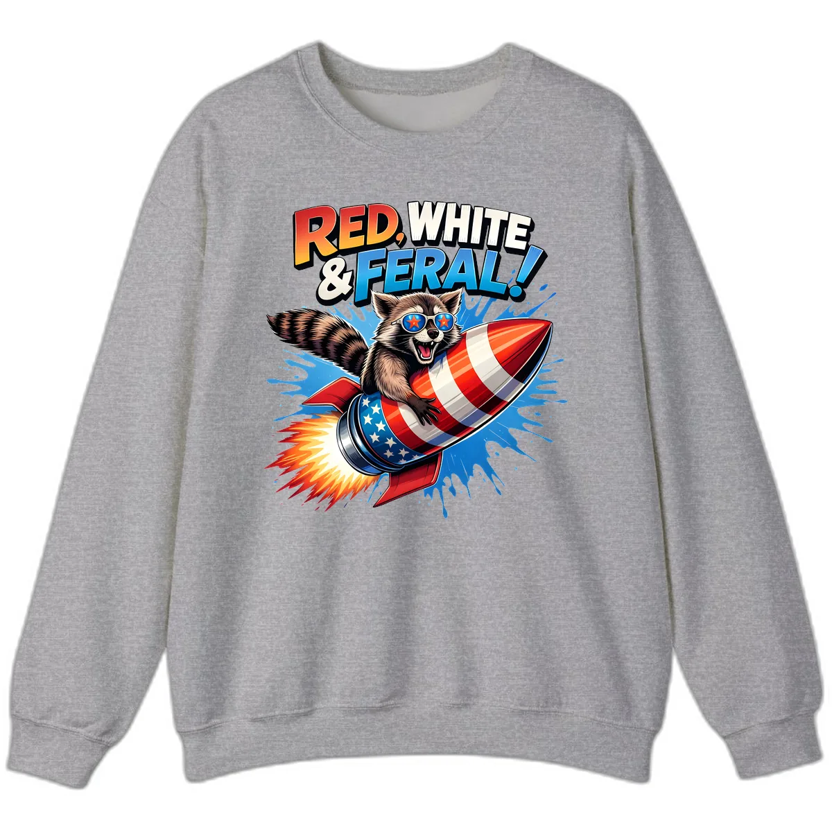 Red, White & Feral Rocket Raccoon Sweatshirt in Sport Grey